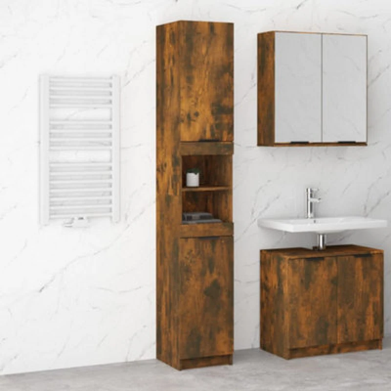 Image of Vidaxl Bathroom Cabinet Smoked Oak 32X34X188.5cm Engineered Wood, Brown 817069
