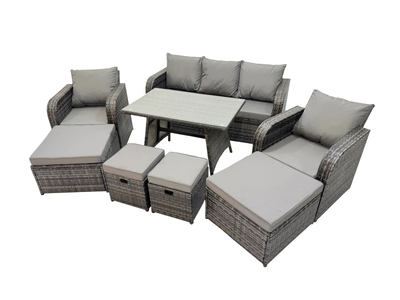 Image of Fimous Garden Rattan Furniture Set 9 Seater with 2 Big Stool 2 Small Stools in Dark Grey Dark Grey Unisex