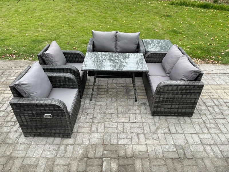 Image of Fimous Wicker PE Rattan Garden Dining Set Outdoor Furniture Sofa with Rectangular Dining Table Side Table Dark Grey Mixed Dark Grey