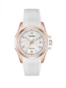 Image of Citizen Eco-Drive White And Rose Gold Date Dial White Silicone Strap Ladies Watch