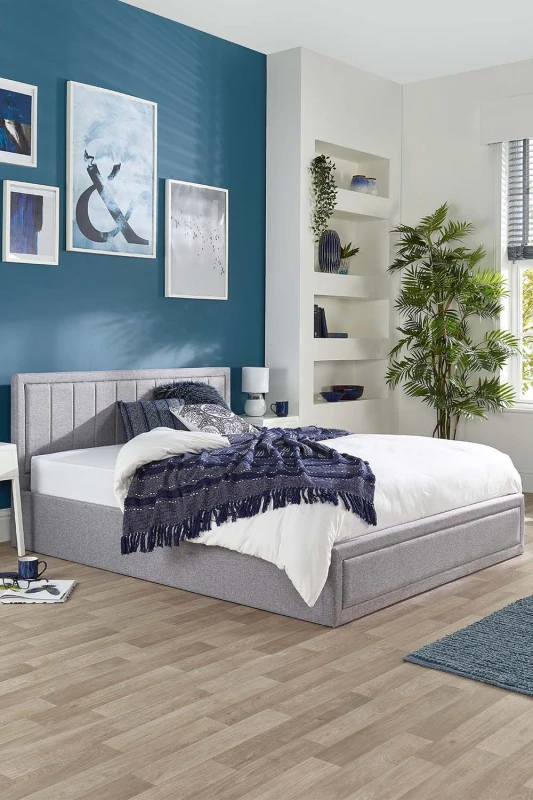 Image of Aspire Castleton Linen Quilted Headboard Ottoman Bed in Grey Size: Small Double Grey Unisex Small Double