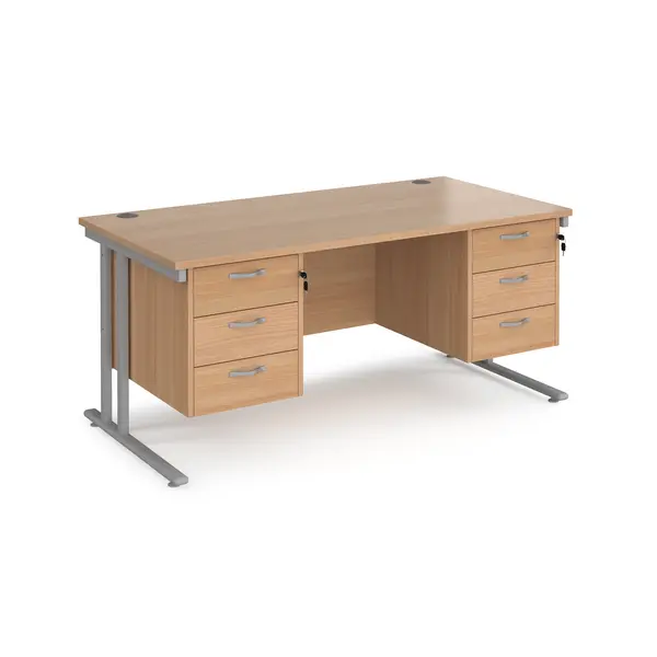 Image of Maestro 25 Beech Straight Office Desk with Two x 3 Drawer Pedestal and Silver Cantilever Leg Frame - 1600mm x 800mm