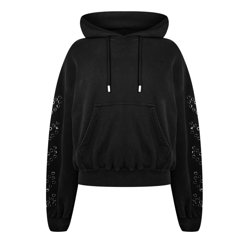 Image of Off White Mens Eyelet Cotton Long Sleeve Hoodie Black male XS