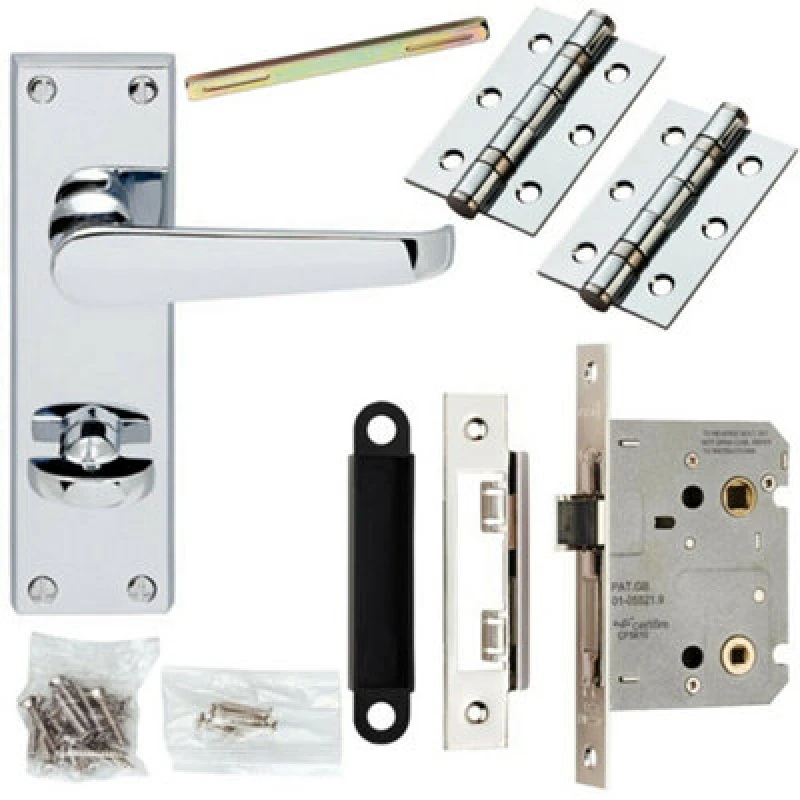 Image of Loops Door Handle & Bathroom Lock Pack Chrome Victorian Flat Thumb Turn Backplate Multi