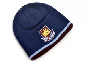 Image of West Ham Classic Crest Youths Knitted Beanie Hat Claret Navy
