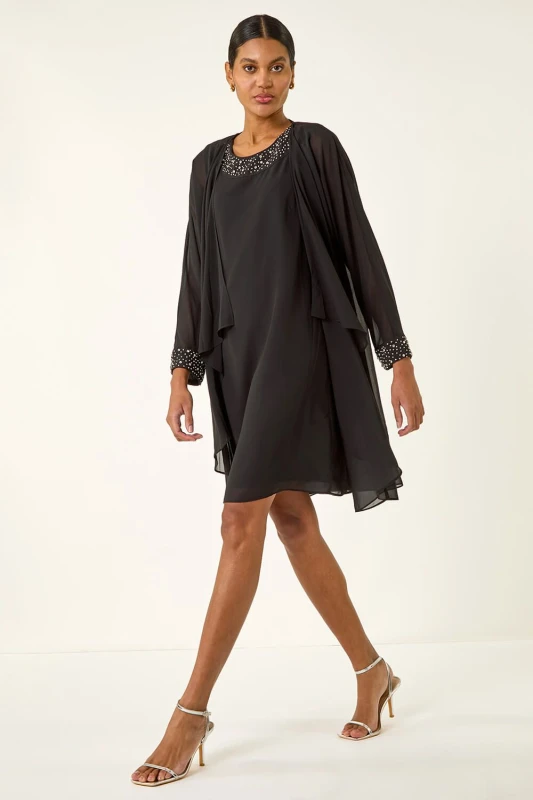 Image of Roman Womens Sparkle Shift Dress & Shrug in Black Size: 12 Black Female 12