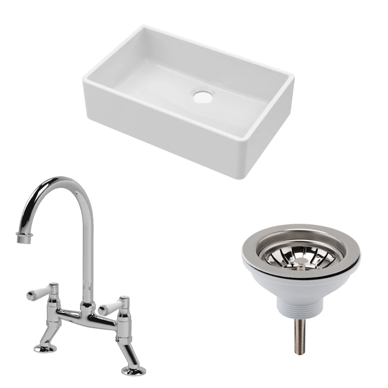 Image of Balterley Fireclay 1 Bowl Butler Sink Waste Mixer Tap 795mm Silver