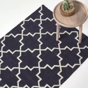 Image of Edmonton Navy Blue and White 100% Cotton Geometric Pattern KIlim Rug, 90 x 150cm - Blue - Homescapes