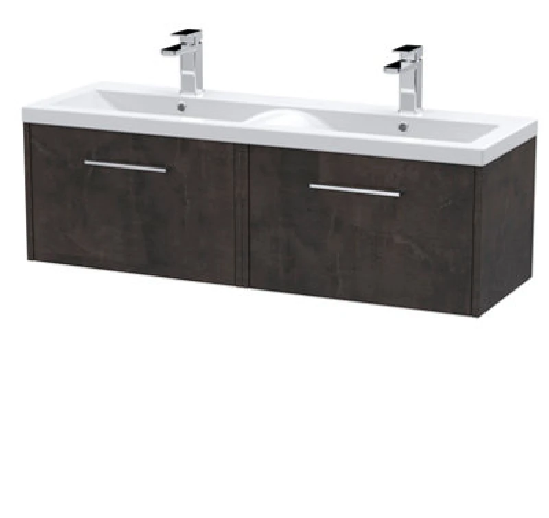 Image of Hudson Reed Fluted Wall Hung 2-Drawer Vanity And Double Vitreous China Basin, Contemporary Sink Vanity Unit, Metallic Slate