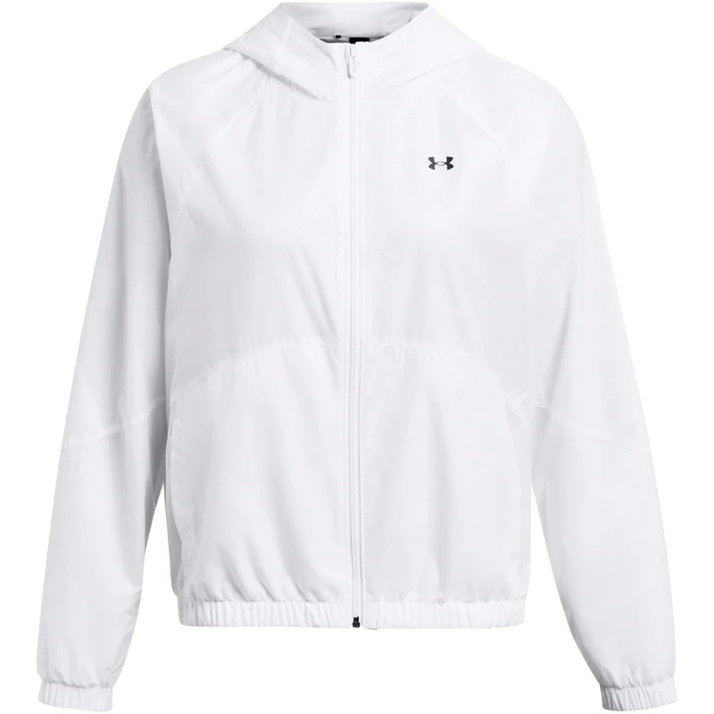 Image of Under Armour Womens Rival Sport Water Resistant Wind Resistant Long Sleeve Hooded Oversized Fit Windbreaker White/Black female 14 (L)