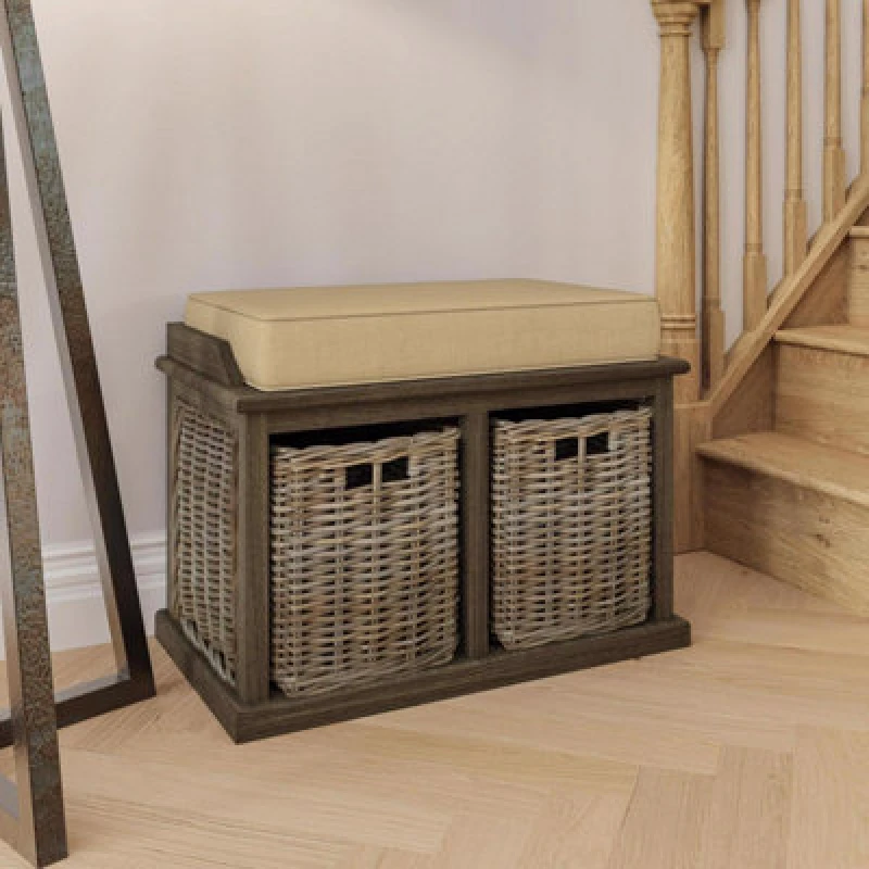 Image of FWStyle 2 Drawer Padded Seat Storage Bench Kubu Rattan Ready Assembled Brown