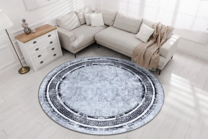 Image of RugsX Miro 51254.802 Circle Washing Carpet Marble, Greek Anti Slip - Grey / Circle 160 Cm