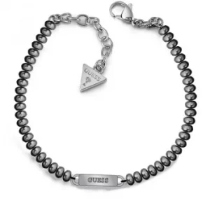 Image of GUESS silver bead bracelet with rhodium plated logo plaque.