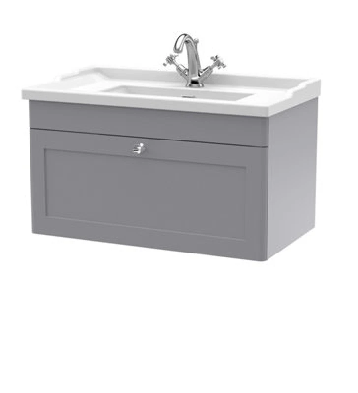 Image of NUIE Classique Wall Hung 1-Drawer Vanity Unit with Traditional Basin 800mm Wide Satin Grey - 1 Tap Hole - Nuie CLC296F