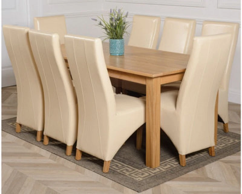 Image of Thats Furniture Oslo 180 x 90cm Large Oak Dining Table & 8 Lola Leather Chairs in Cream Cream Unisex 180 x 90 cm