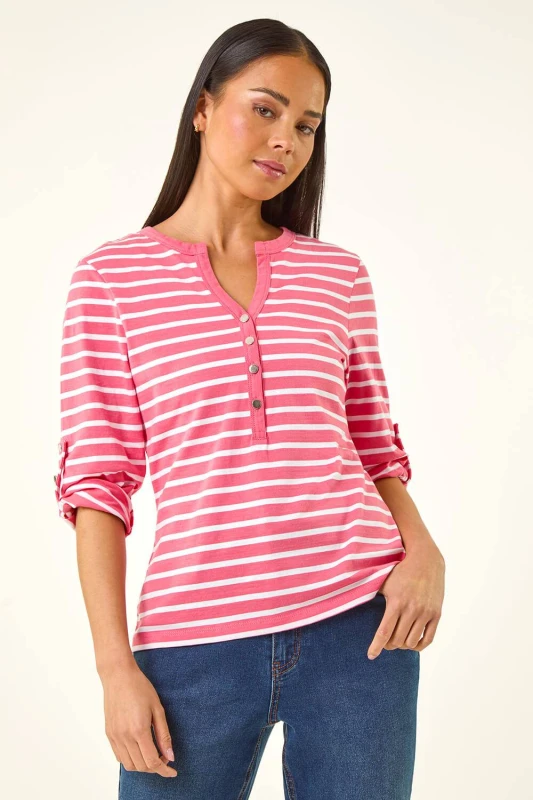 Image of Roman Womens Petite Stripe V-Neck Button Top in Pink Size: 14 Pink Female 14