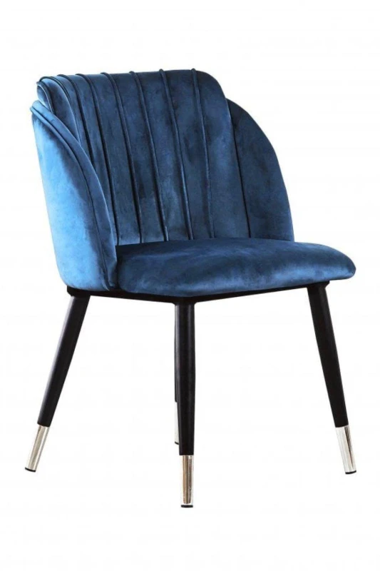 Image of Life Interiors Single Milano Velvet Dining Chair with Stylish Ribbed Back Design, Black Metal Legs with Silver Tips in Blue Blue Unisex