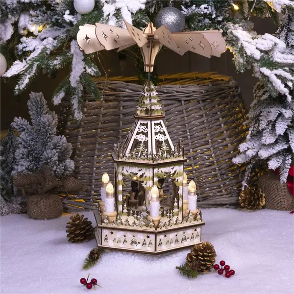 Image of Traditional German 1 Tier Rotating Wooden Christmas Pyramid with 6 LED Candle Lights Battery Powered ELV-063254