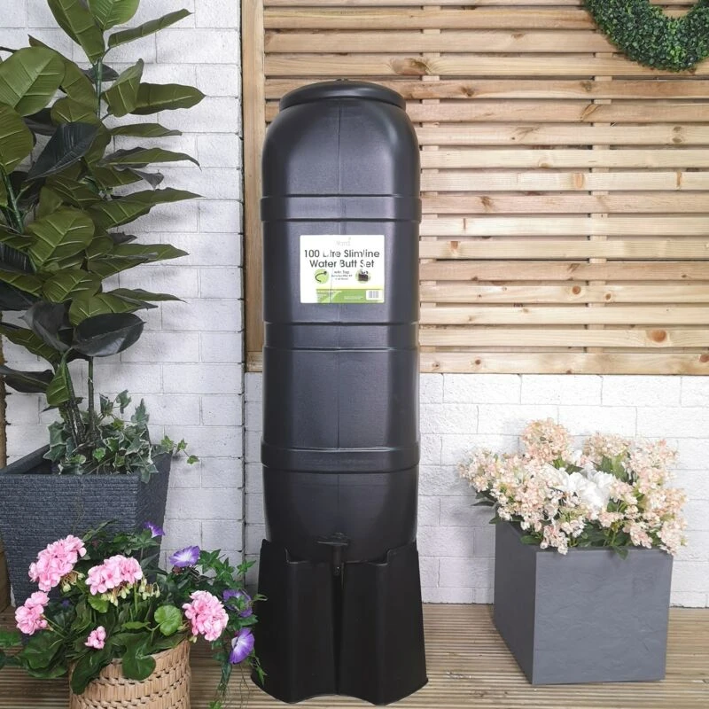 Image of Samuel Alexander Strata 100 Litre Slimline Garden Water Butt with Filter Kit & Stand Black unisex
