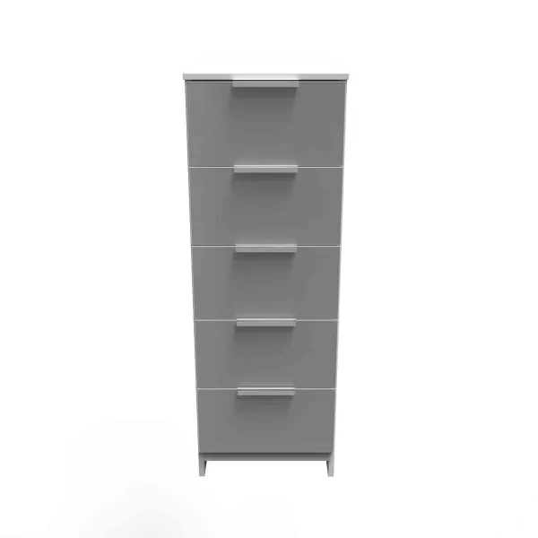 Image of Welcome Furniture Ready Assembled Plymouth 5 Drawer Tallboy In Uniform Grey Gloss & White