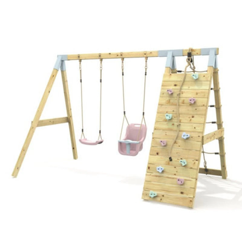 Image of Rebo Premium Double Garden Swing With Up And Over Wall For Kids And Baby - Dusky Pink