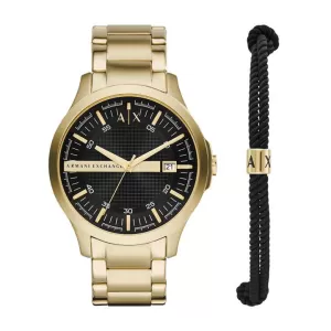 Image of Armani Exchange Mens Three-Hand Gold-Tone Stainless Steel Watch And Bracelet Gift Set - Gold