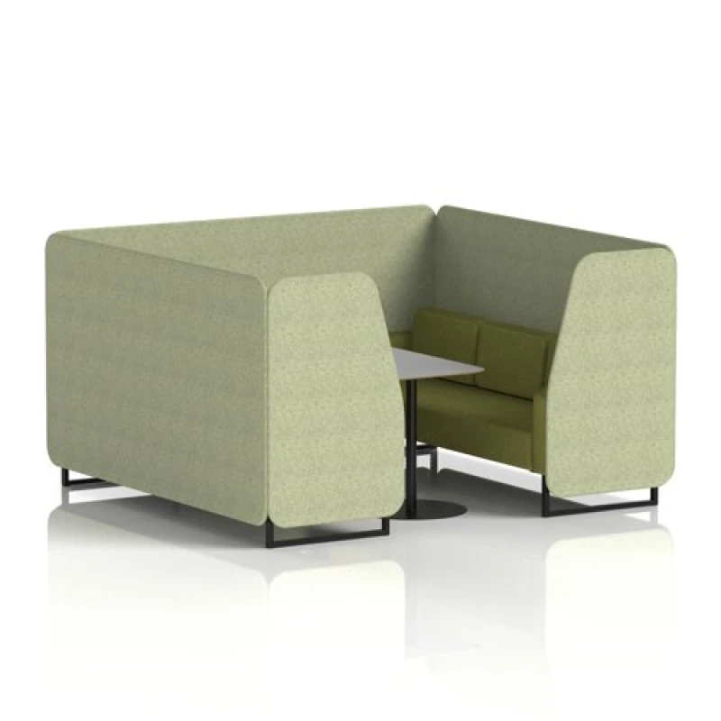 Image of Brixworth 6 Seater Office Booth with Front Panel - Black Legs and Grey Table with Black Leg in Rivet Fabric - Burnish Panels and Olive Sofa