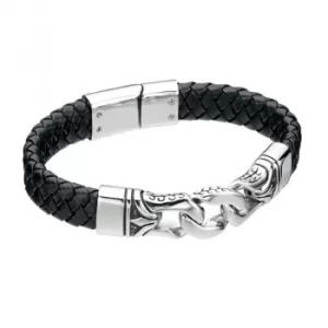 Image of Mens Fred Bennett Stainless Steel Black Enamel Leather 23cm Bracelet
