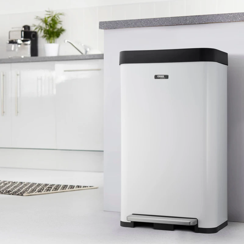 Image of Cooks Professional Kitchen Rubbish Waste Bin Recycling Wide Single Pedal 65L White White