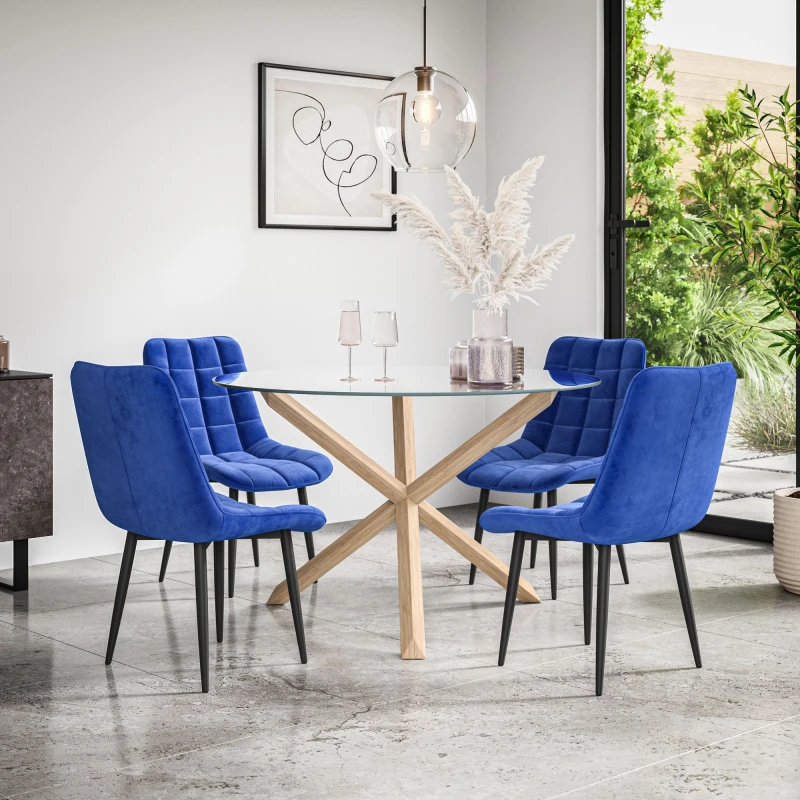 Image of More4Homes Malvern Round Dining Table And Chairs - Clear Glass Table Top W Solid Oak Legs + Nova Velvet Dining Chair Set Of 4 (Blue)