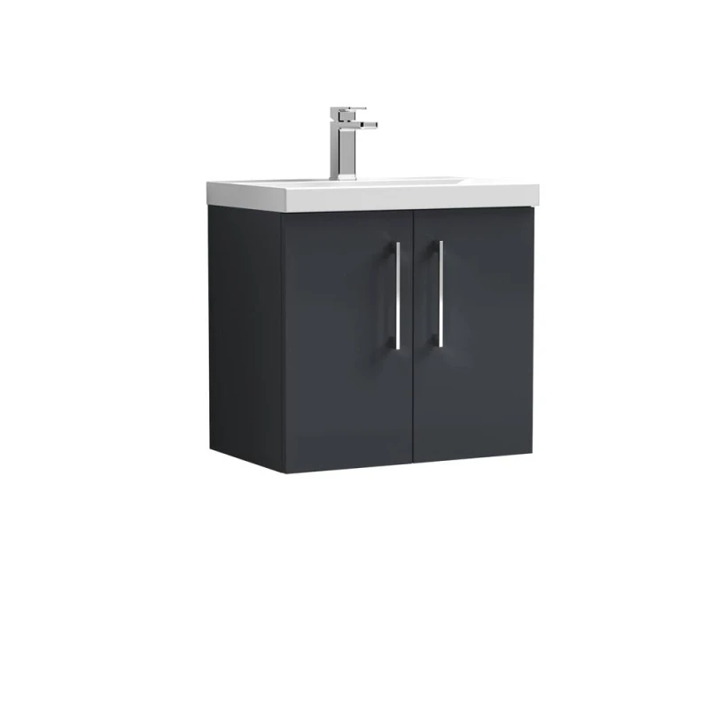 Image of Balterley Modern Bathroom 2 Soft Close Door Wall Hung Vanity Unit & Rectangular Mid-Edge Basin, Dark Grey, 600 mm in Grey Grey Unisex