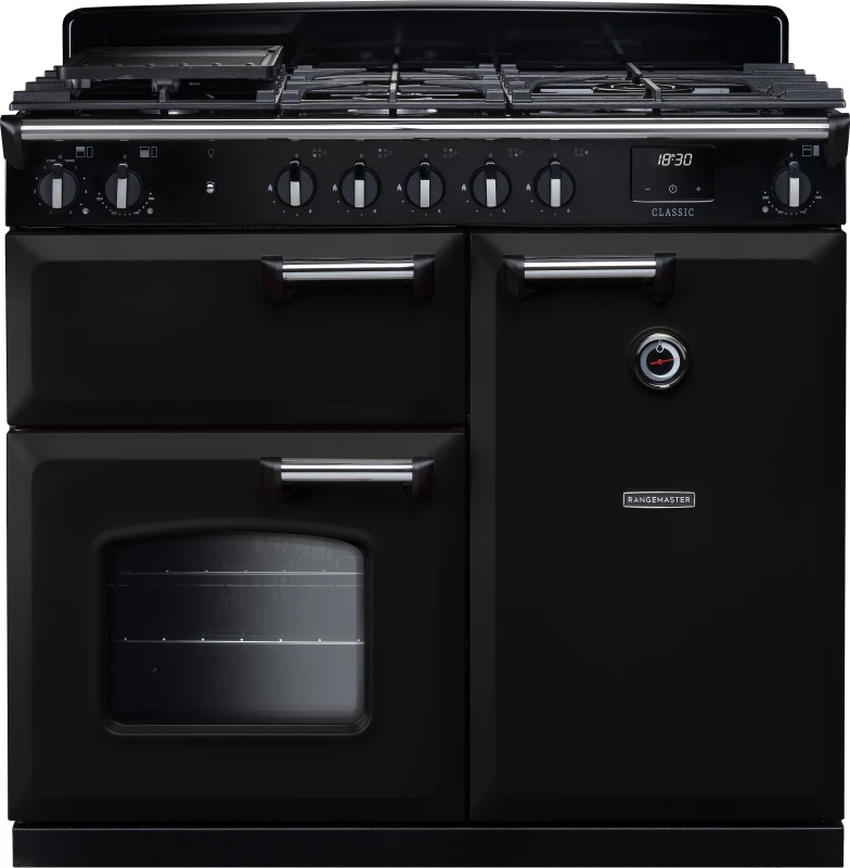 Image of Rangemaster Classic CL100DFPGBL/CM1 100cm wide Dual Fuel Range Cooker with Gas Hob - Black / Chrome - A Rated