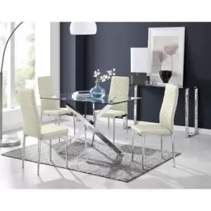 Image of Furniturebox UK - Furniturebox Leonardo 4 Chrome Leg Glass Dining Table and 4 Cream Milan Velvet Dining Chairs Diamond Stitch Modern Contemporary