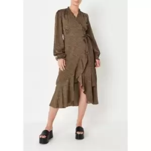 Image of Missguided Animal Print Frill Wrap Tie Midi Dress - Green