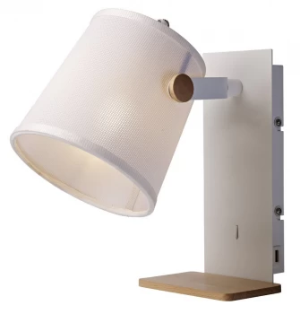 Image of Wall Light with USB Socket, 1x23W E27, White, Beech with White Shade
