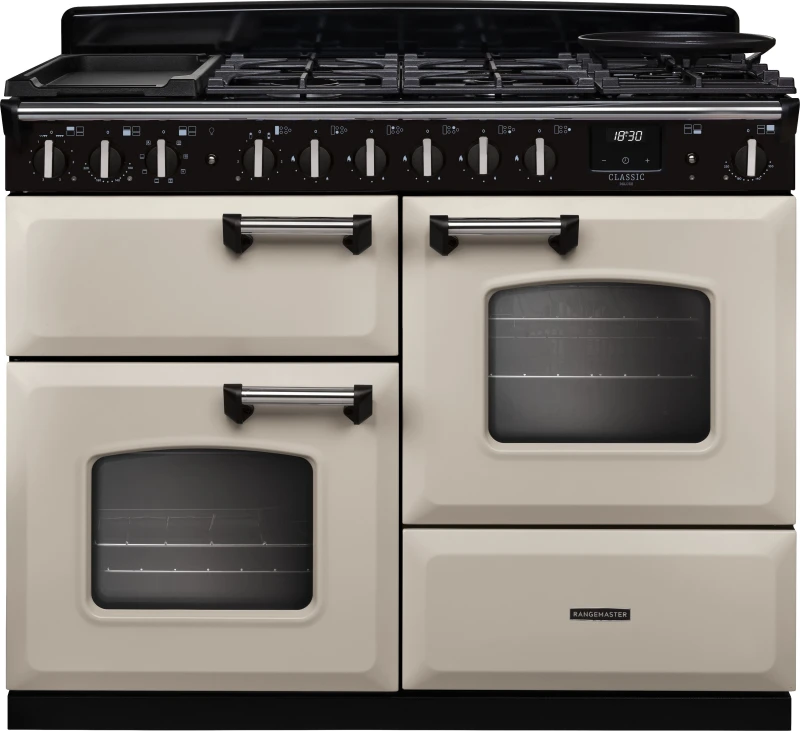 Image of Rangemaster Classic Deluxe 110 CLDLO110DFPPCR/CM1 110cm wide Dual Fuel Range Cooker with Gas Hob - Cream / Chrome - A Rated