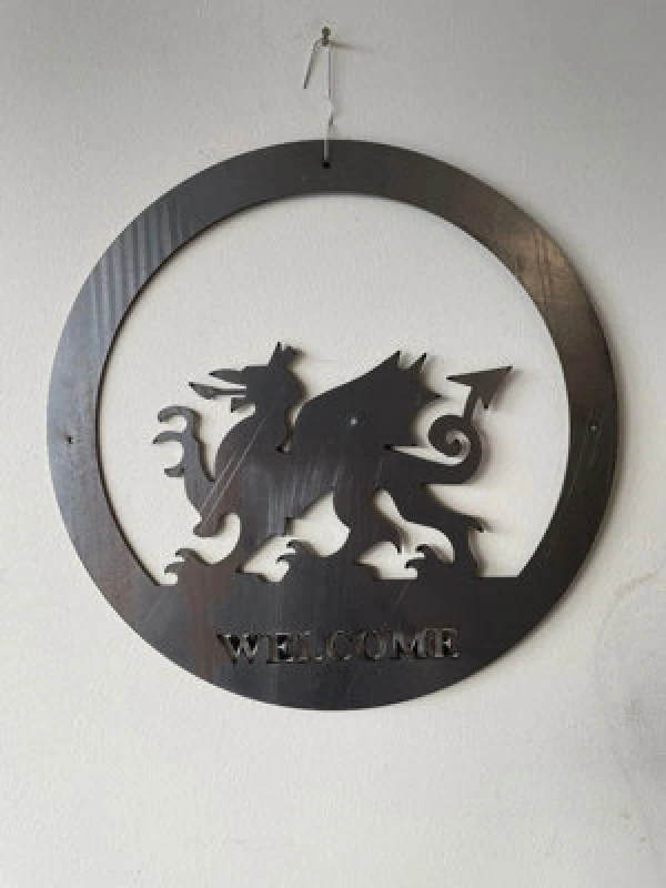 Image of Poppy Forge Welsh Dragon Wall Art - Large With Text - Steel - W49.5 X H49.5cm - Bare Metal/ready To Rust