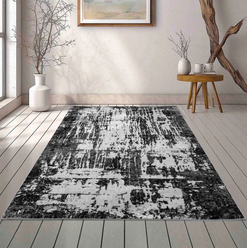 Image of Serenity Modern Abstract Abrasion Contemporary Area Rugs Black 200X290 Cm