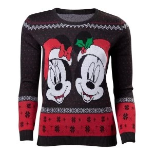 Image of Disney - Mickey & Minnie Christmas Womens Small Sweater - Dark Grey/Red