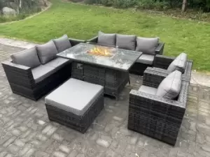 Image of Fimous 8 Seater Outdoor Dark Grey PE Rattan Lounge Complete Sofa Set with Gas Fire Pit and Big Footstool