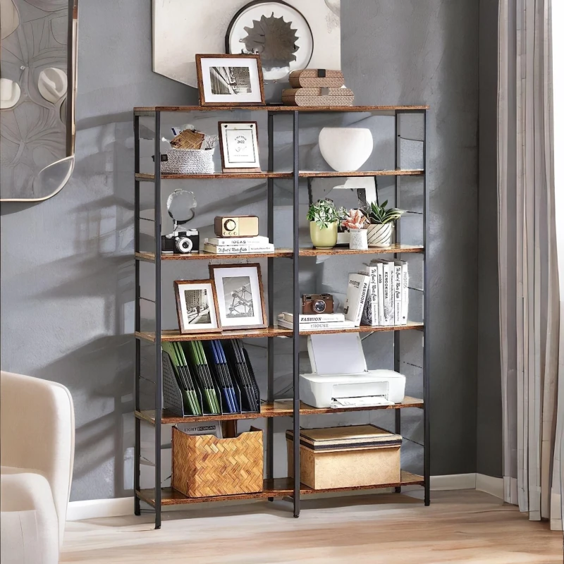 Image of Rafaelo Mobilia 6 Tier Industrial Bookcase Large in Dark Brown Dark Brown Unisex