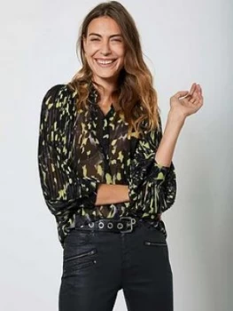 Image of Mint Velvet Charlotte Animal Print Pleat Sleeve Blouse - Black, Size 8, Women