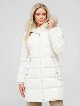 Image of Lauren by Ralph Lauren Long Line Padded Coat With Faux Fur Hood - Cream Size M Women