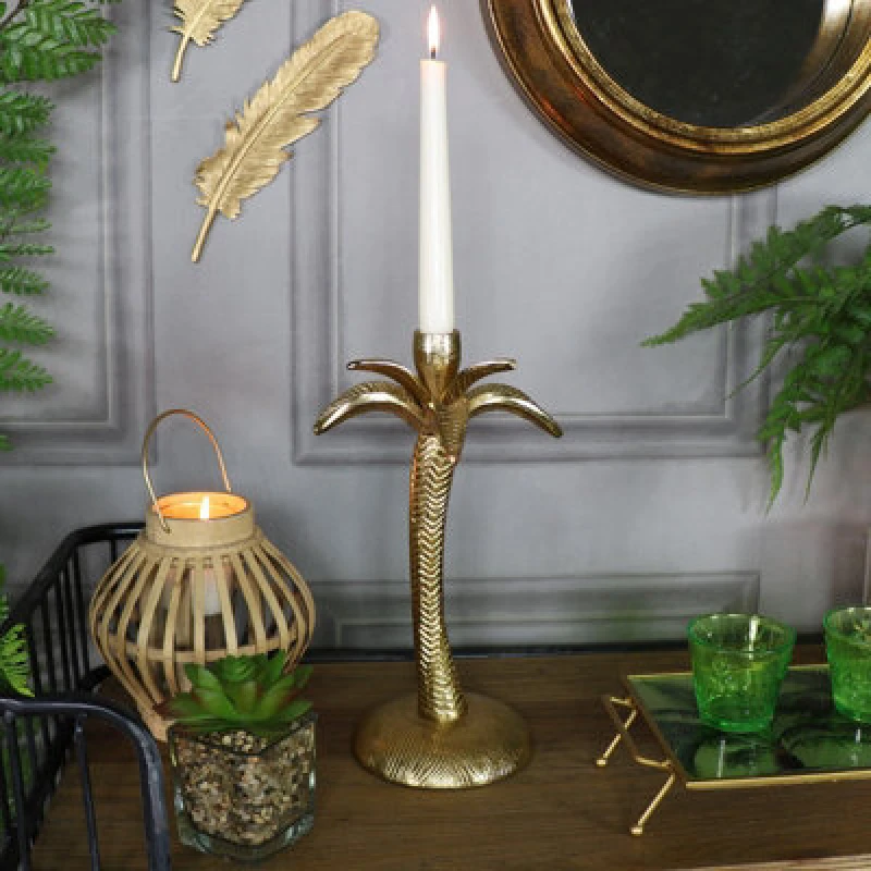 Image of Melody Maison Gold Metal Palm Tree Candle Holder Metallic Gold