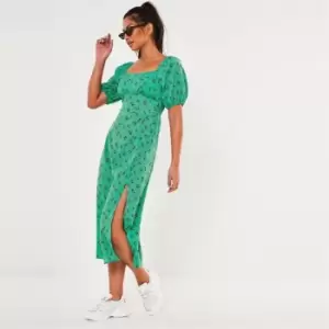 Image of Missguided Back Puff Slv Midi Dress Ditsy - Green