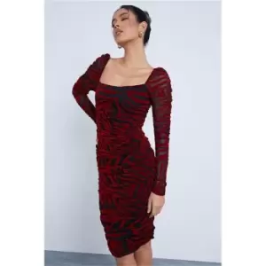 Image of I Saw It First Red Velvet Mesh Zebra Square Neck Ruched Sleeve Bodycon Dress - Red