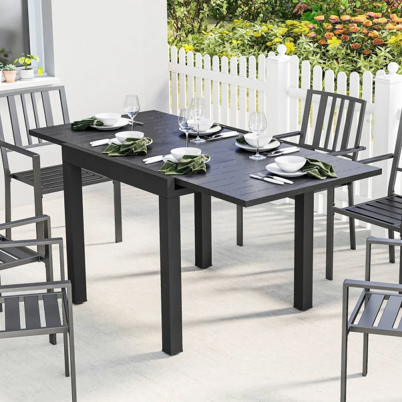 Image of OUTSUNNY Aluminium Extending Garden Table with Faux Wood Slatted Top, Black Size: 160cm x 80cm Black Unisex 160cm x 80 cm