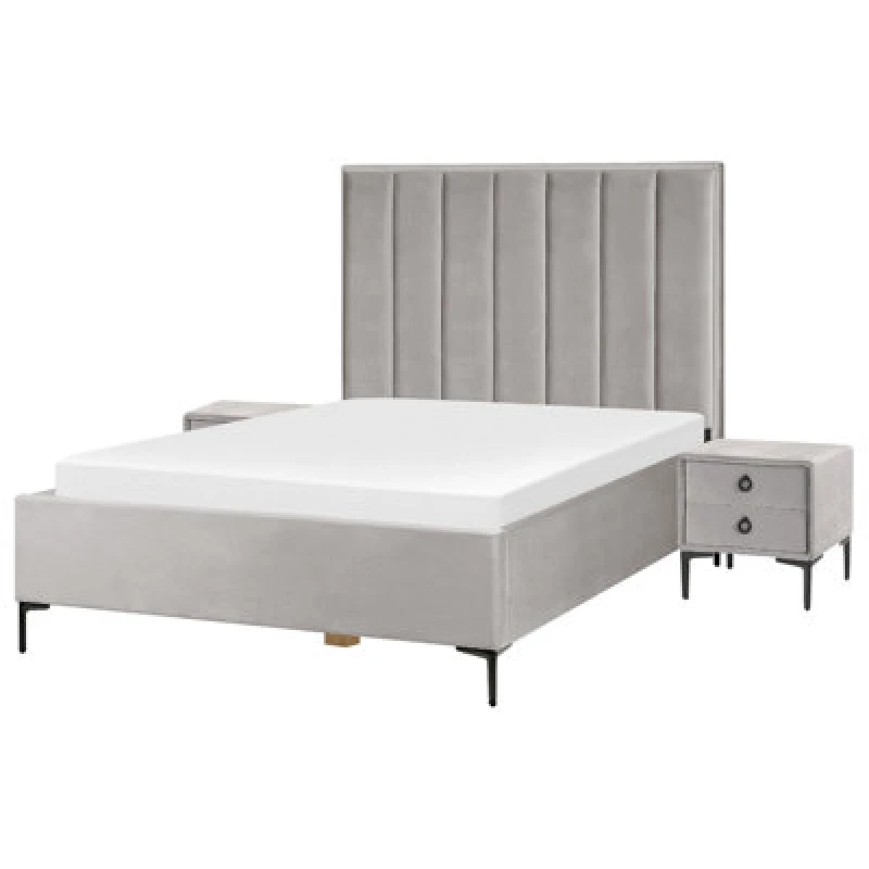 Image of Beliani Bedroom Set Velvet Sezanne 140 X 200 Cm (Eu Double) Light Grey