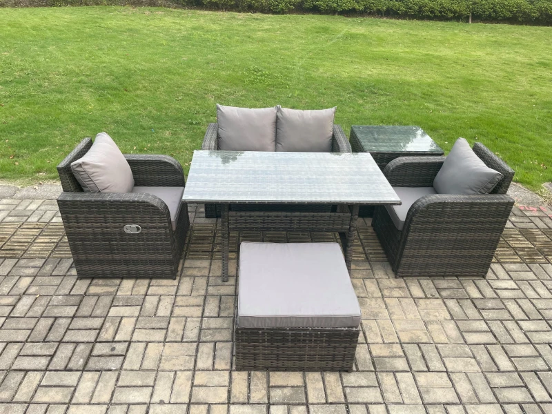 Image of Fimous Outdoor Rattan Garden Furniture Lounge Sofa Set With Oblong Dining Table 2 PC Reclining Chair Side Table in Dark Grey Dark Grey Unisex