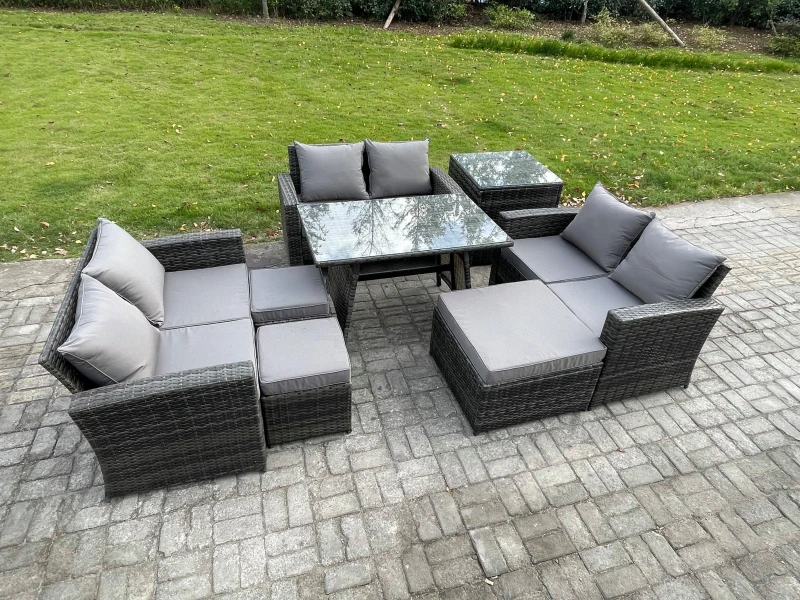 Image of Fimous Outdoor Lounge Sofa Set Wicker PE Rattan Garden Furniture Set with Rectangular Dining Table 2 Seat Sofa Side Table in Dark Grey Dark Grey Unise